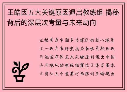 王皓因五大关键原因退出教练组 揭秘背后的深层次考量与未来动向 王皓因五大关键原因退出教练组 揭秘背后的深层次考量与未来动向