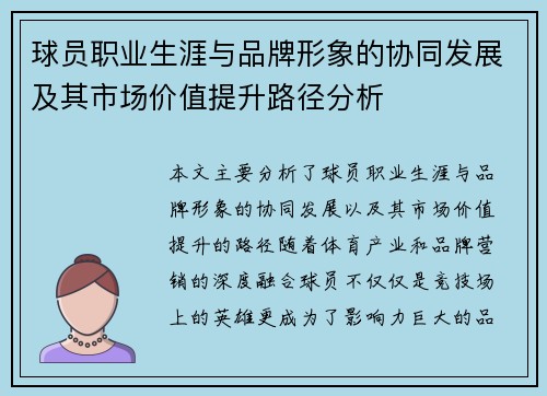 球员职业生涯与品牌形象的协同发展及其市场价值提升路径分析 球员职业生涯与品牌形象的协同发展及其市场价值提升路径分析